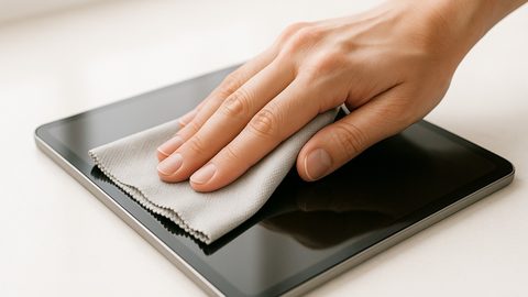 Display wird mit Mikrofasertuch gereinigt